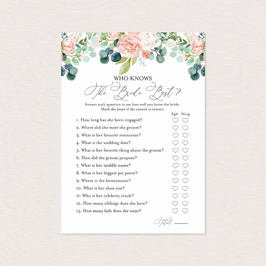 Blush Garden Bridal Shower Who Knows The Bride Best Game Printable