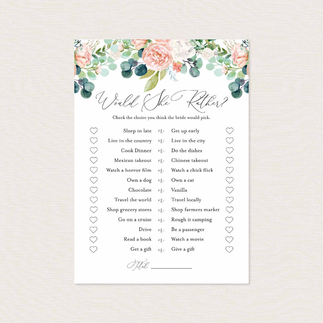 Blush Garden Bridal Shower Would She Rather Game Printable