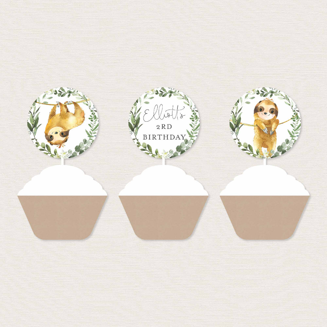 Sloth Kids Birthday Cupcake Toppers and Cupcake Wrappers Printable