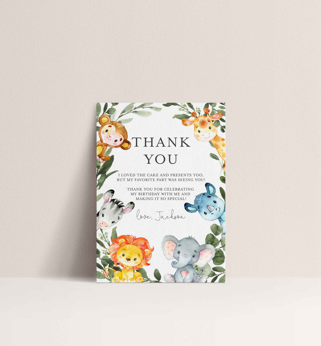 Jungle Animals Kids Birthday Thank You Note Printable