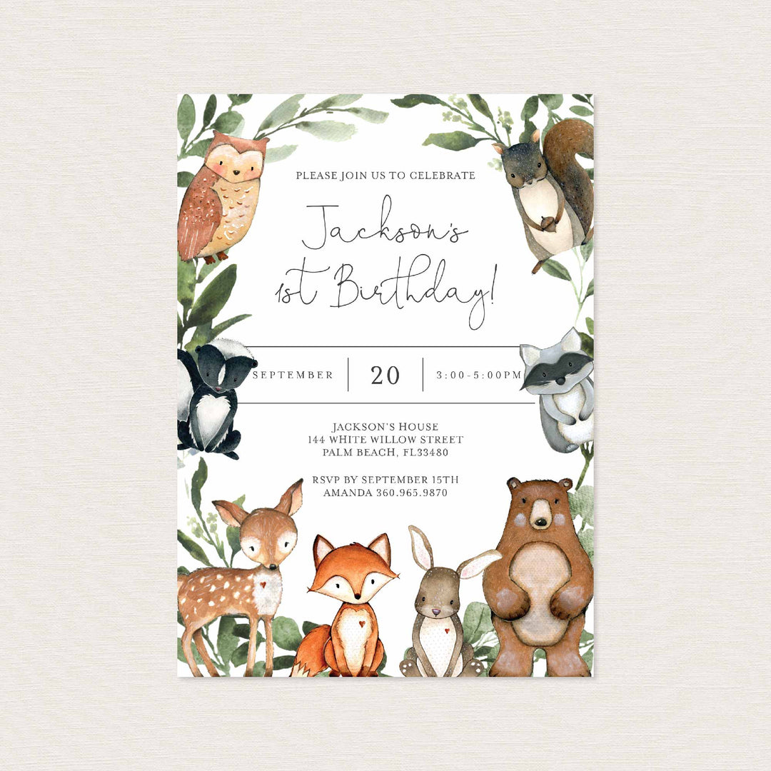 Woodland Animals Kids Birthday Invitation Printable