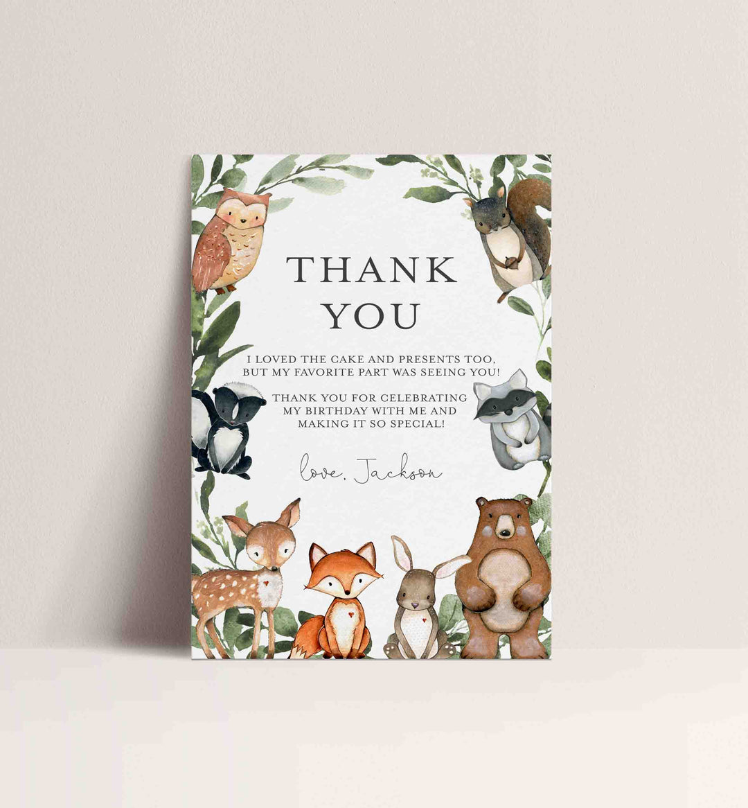 Woodland Animals Kids Birthday Thank You Note Printable