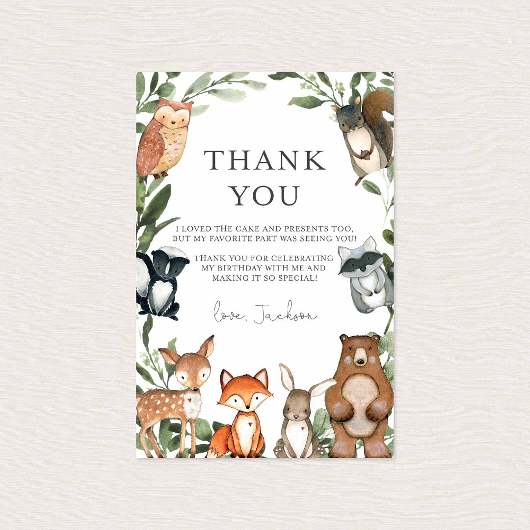 Woodland Animals Kids Birthday Thank You Note Printable