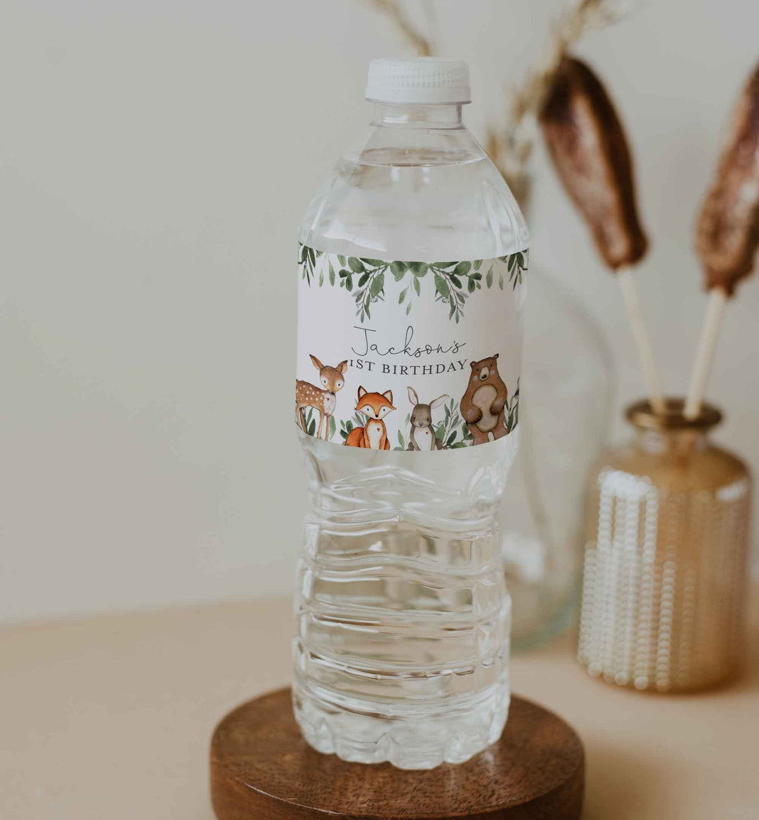 Woodland Animals Kids Birthday Water Bottle Label Printable