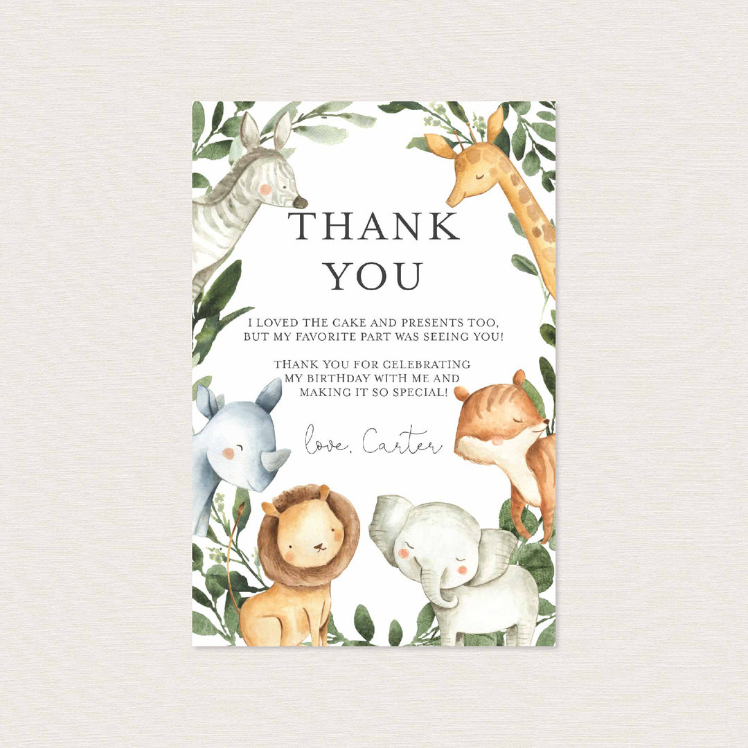 Safari Animals Kids Birthday Thank You Note Printable