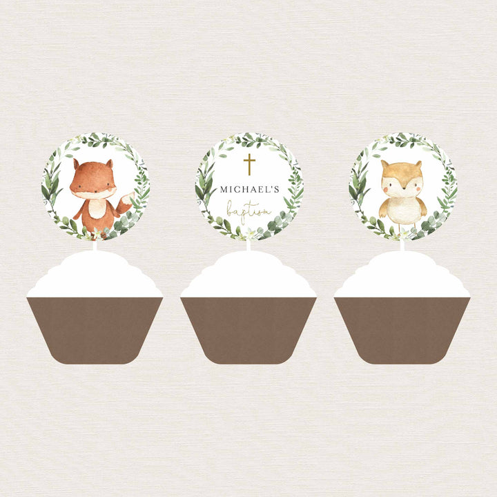 Woodland Friends Baptism Cupcake Toppers and Cupcake Wrappers Printable