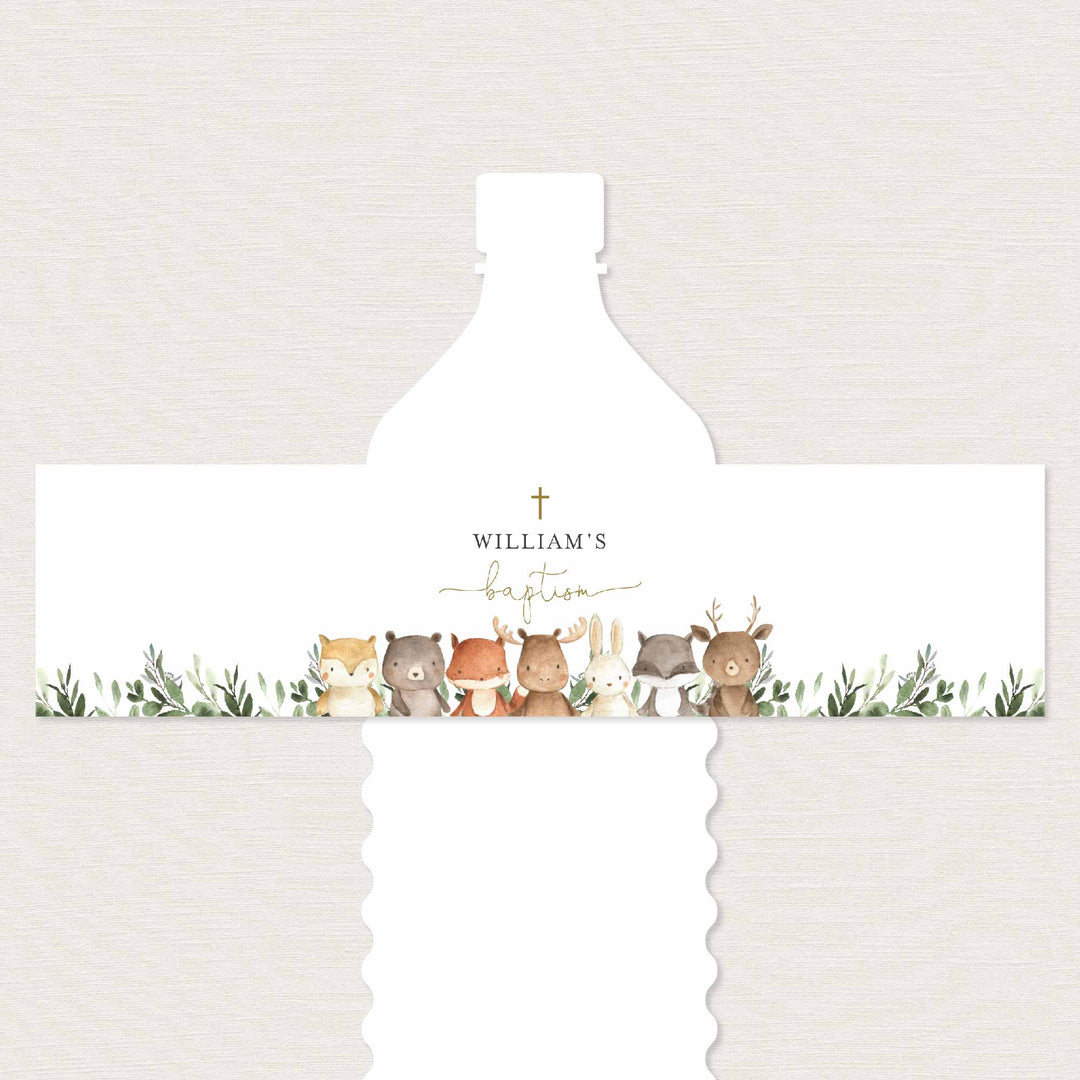 Woodland Friends Baptism Water Bottle Label Printable