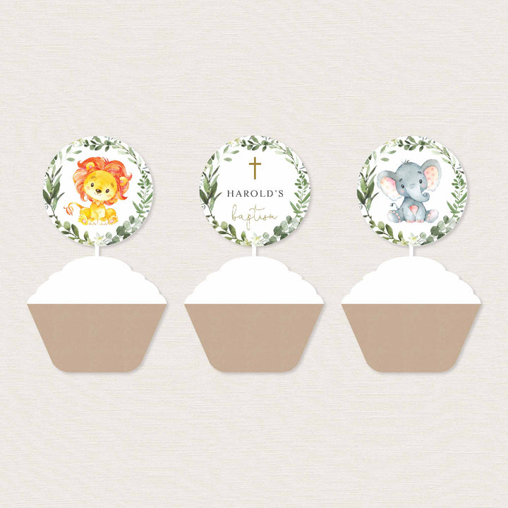 Jungle Animals Baptism Cupcake Toppers and Cupcake Wrappers Printable