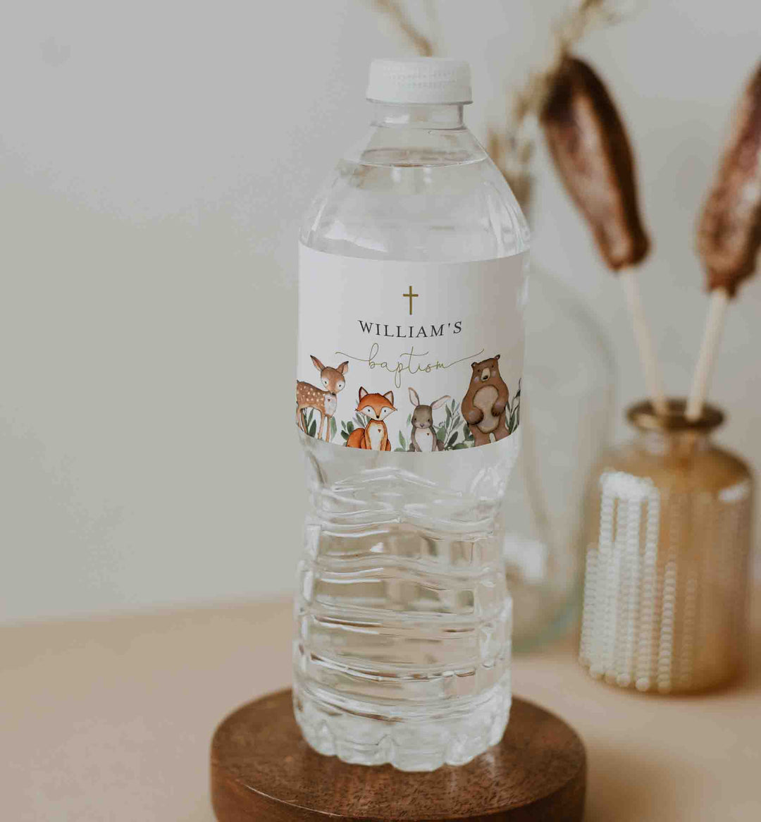 Woodland Animals Baptism Water Bottle Label Printable