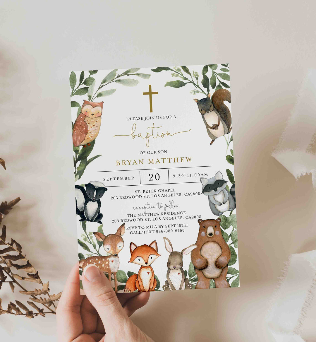 Woodland Animals Baptism Invitation Printable