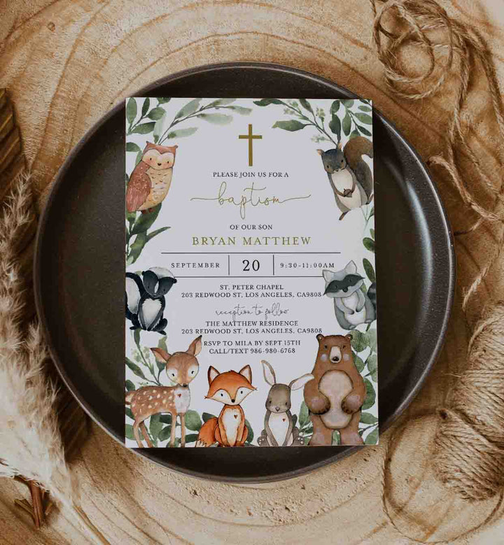 Woodland Animals Baptism Invitation Printable