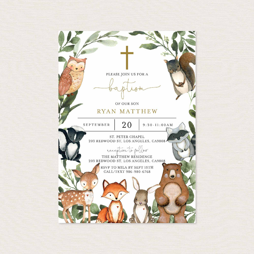 Woodland Animals Baptism Invitation Printable