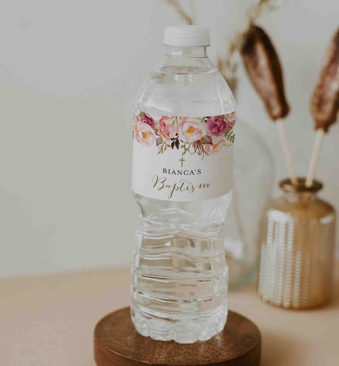 Pink Floral Baptism Water Bottle Label Printable