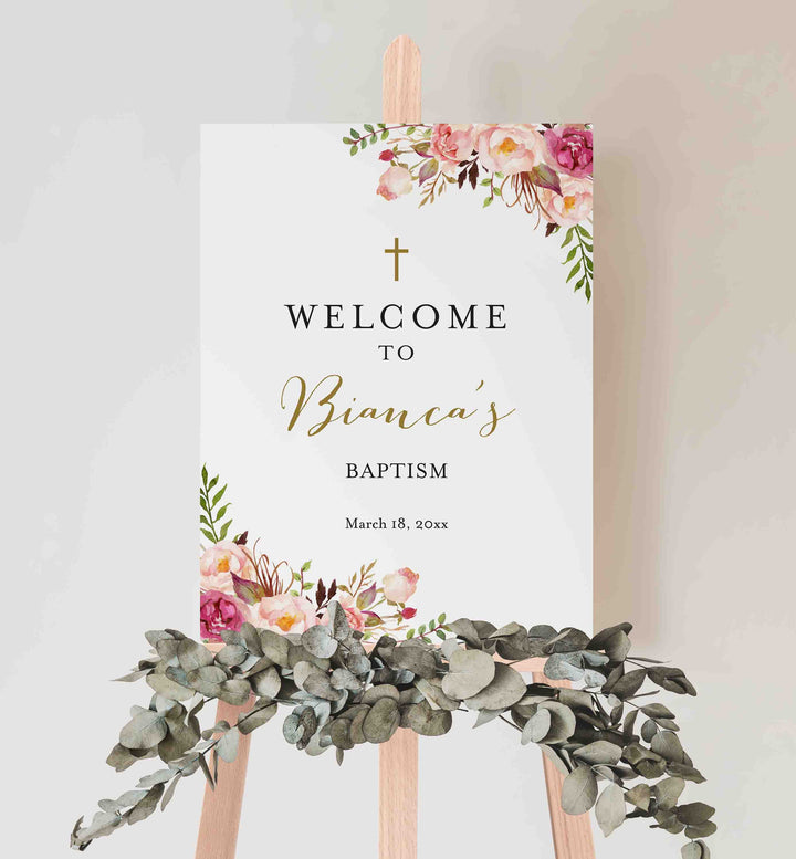 Pink Floral Baptism Welcome Sign Printable