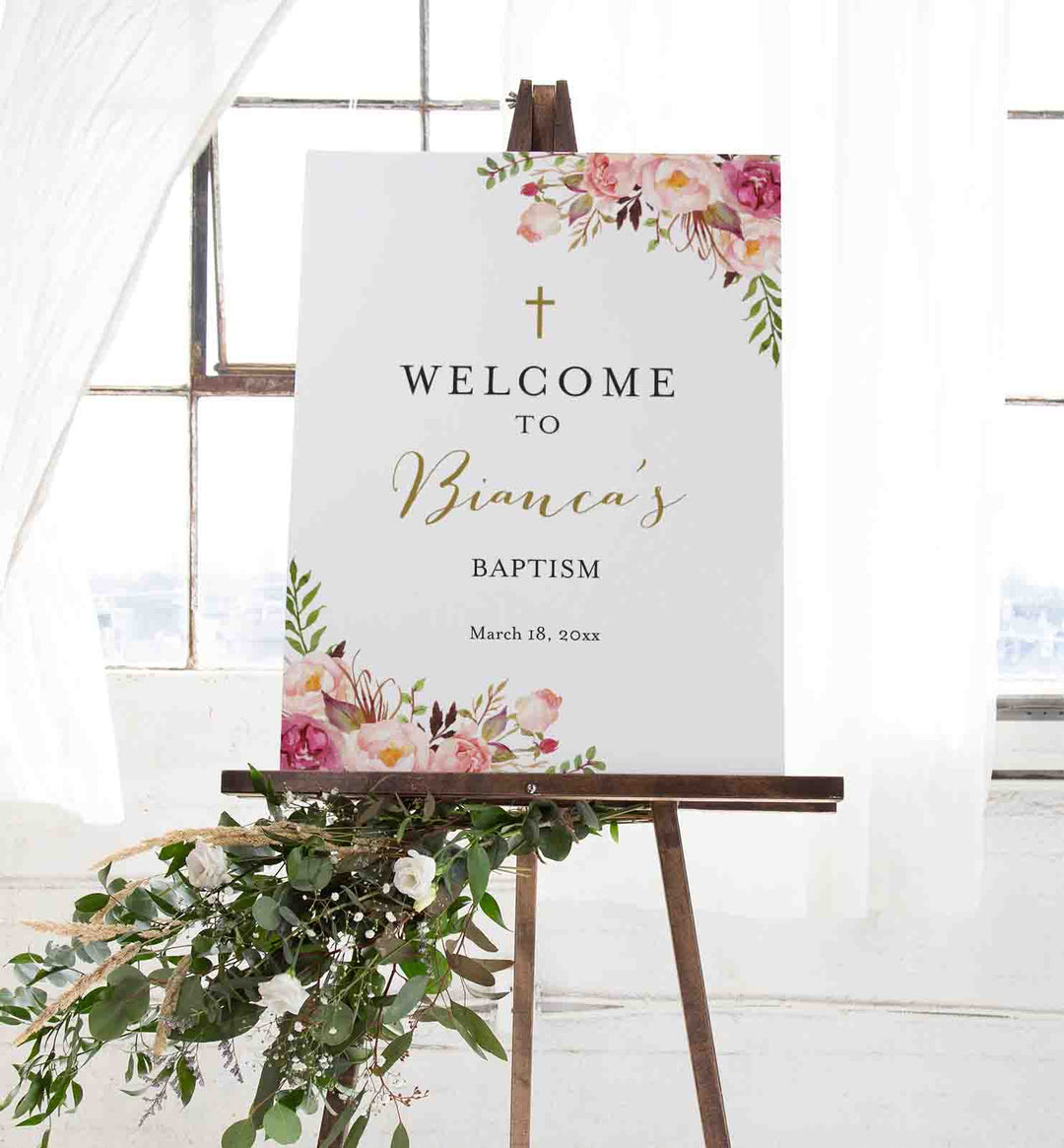 Pink Floral Baptism Welcome Sign Printable