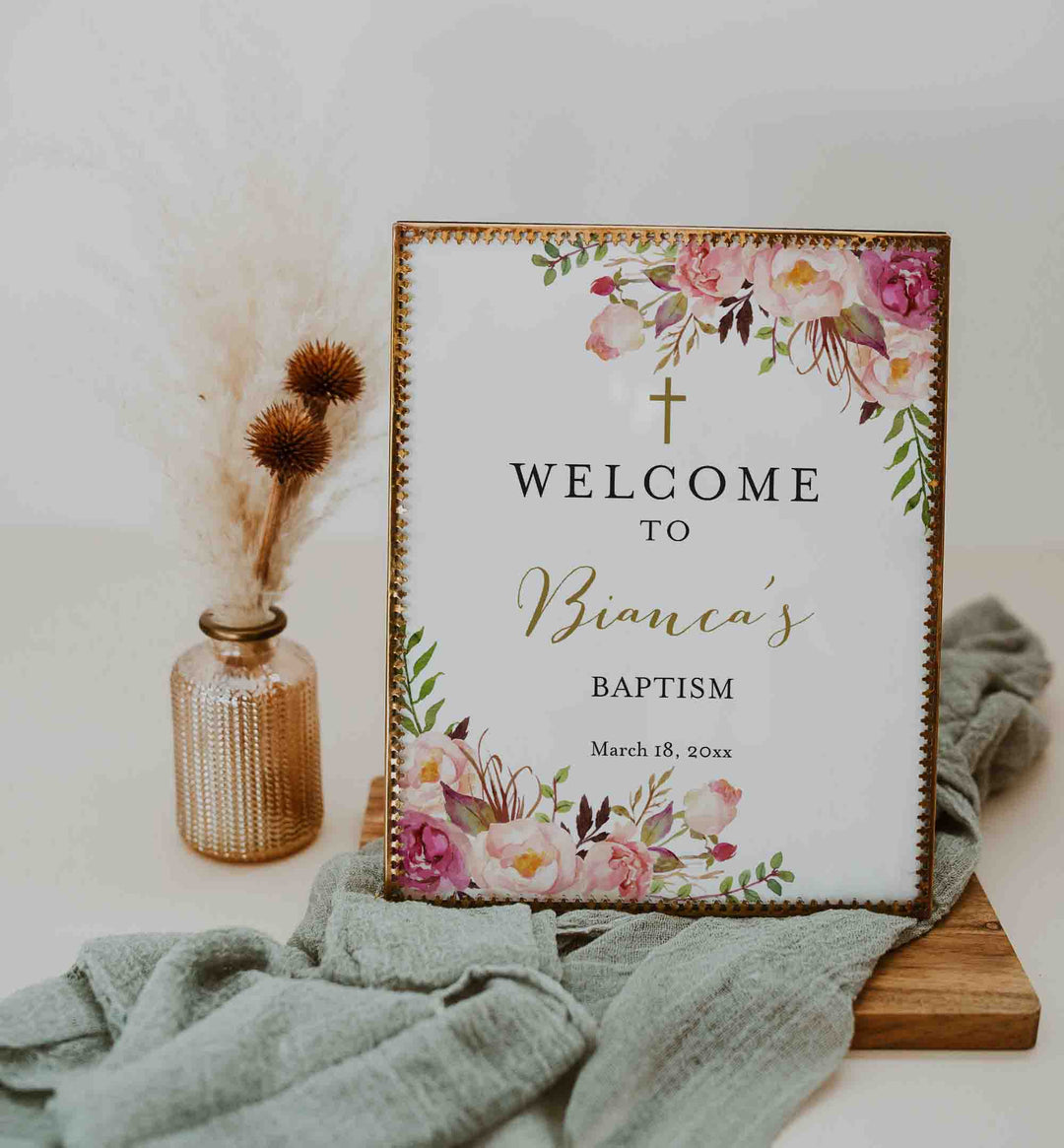 Pink Floral Baptism Welcome Sign Printable