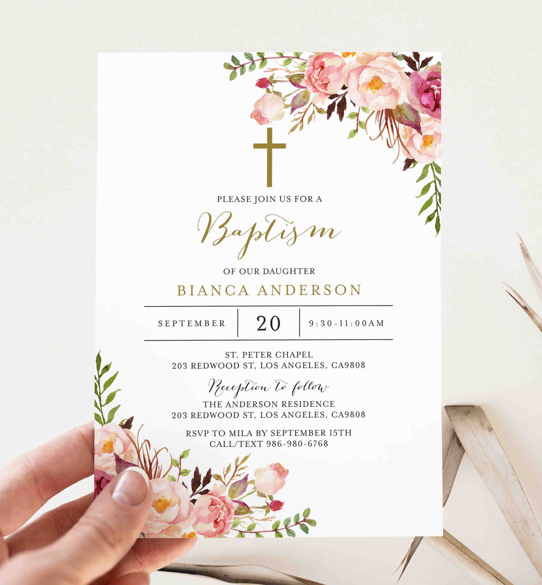 Pink Floral Baptism Invitation Printable