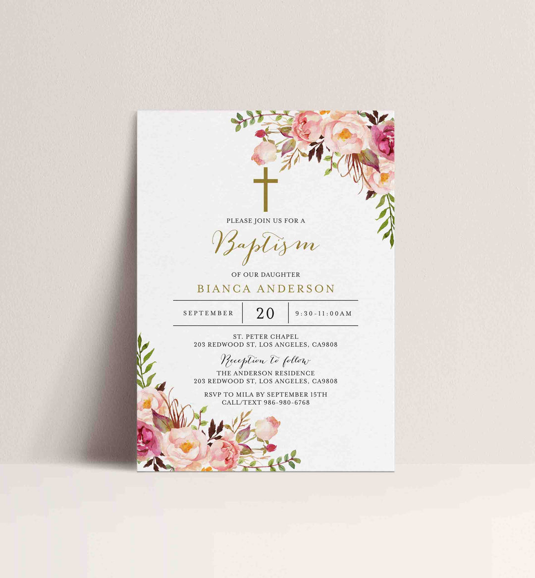 Pink Floral Baptism Invitation Printable