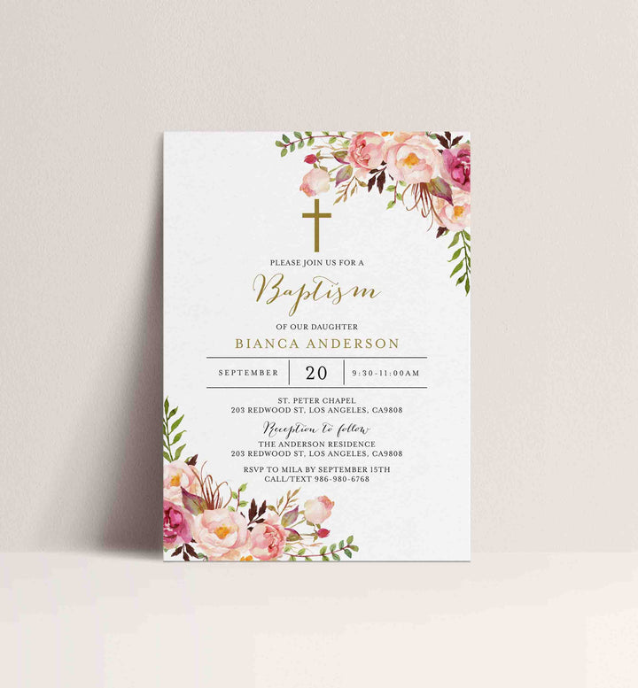 Pink Floral Baptism Invitation Printable