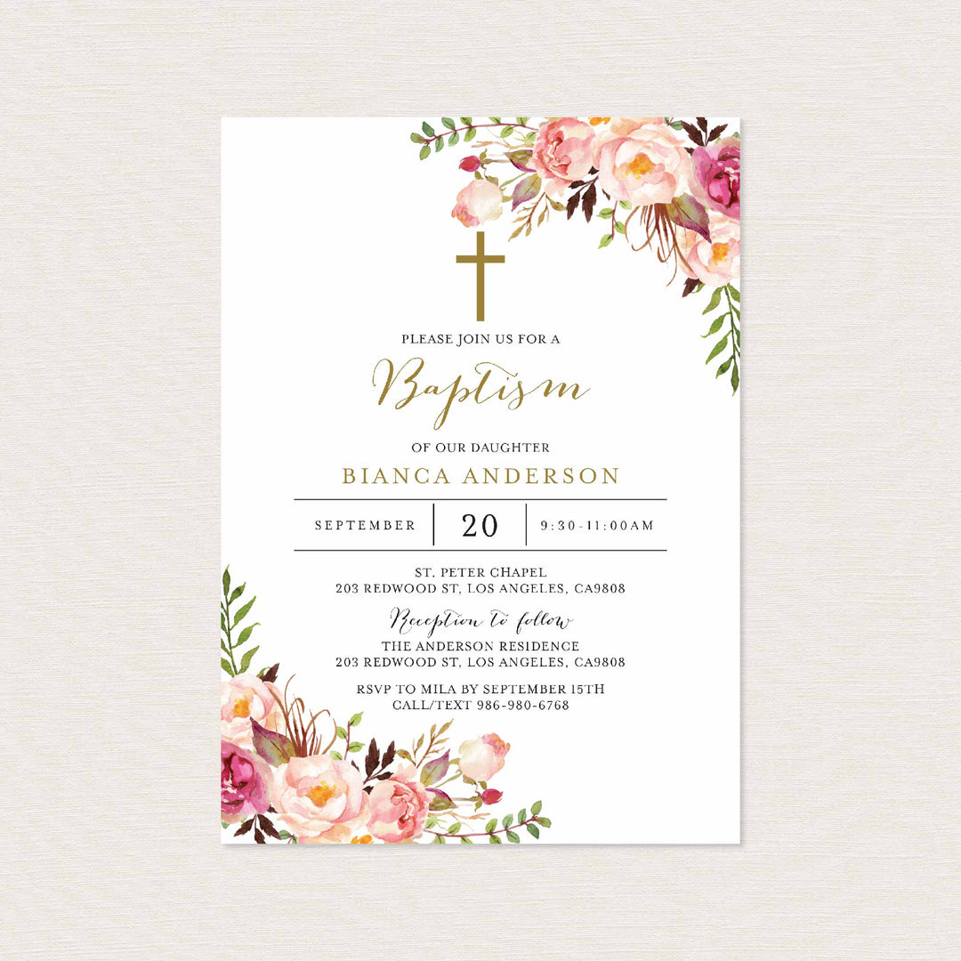 Pink Floral Baptism Invitation Printable