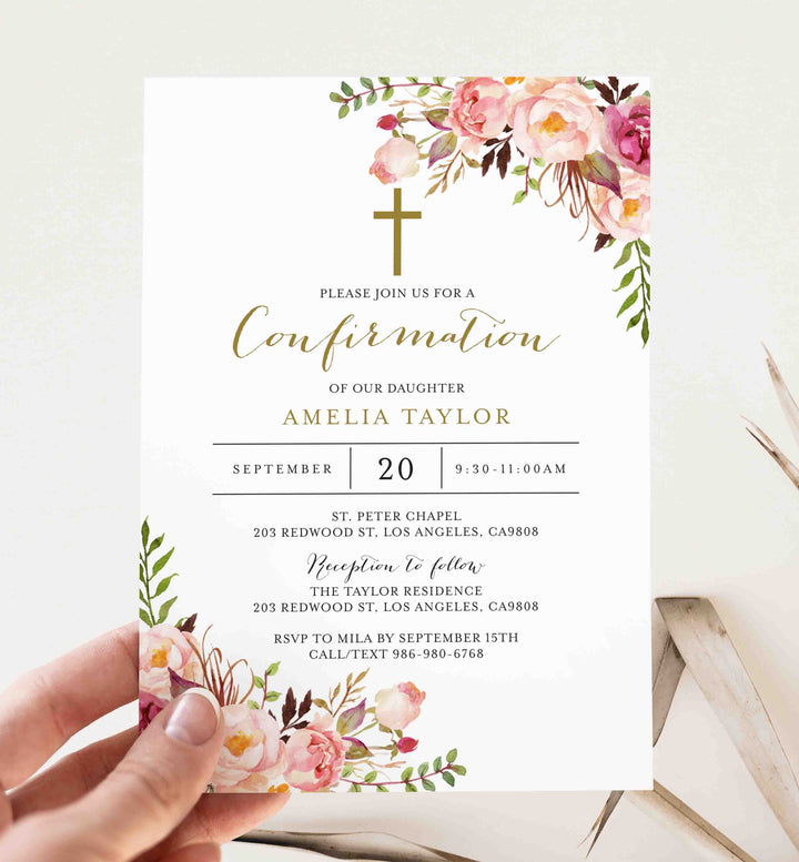 Pink Floral Confirmation Invitation Printable