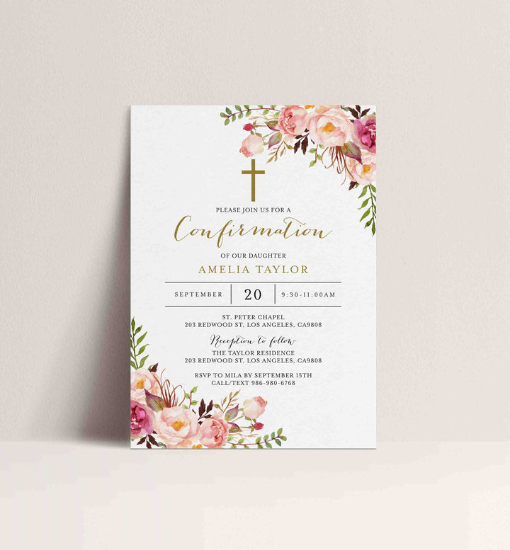 Pink Floral Confirmation Invitation Printable