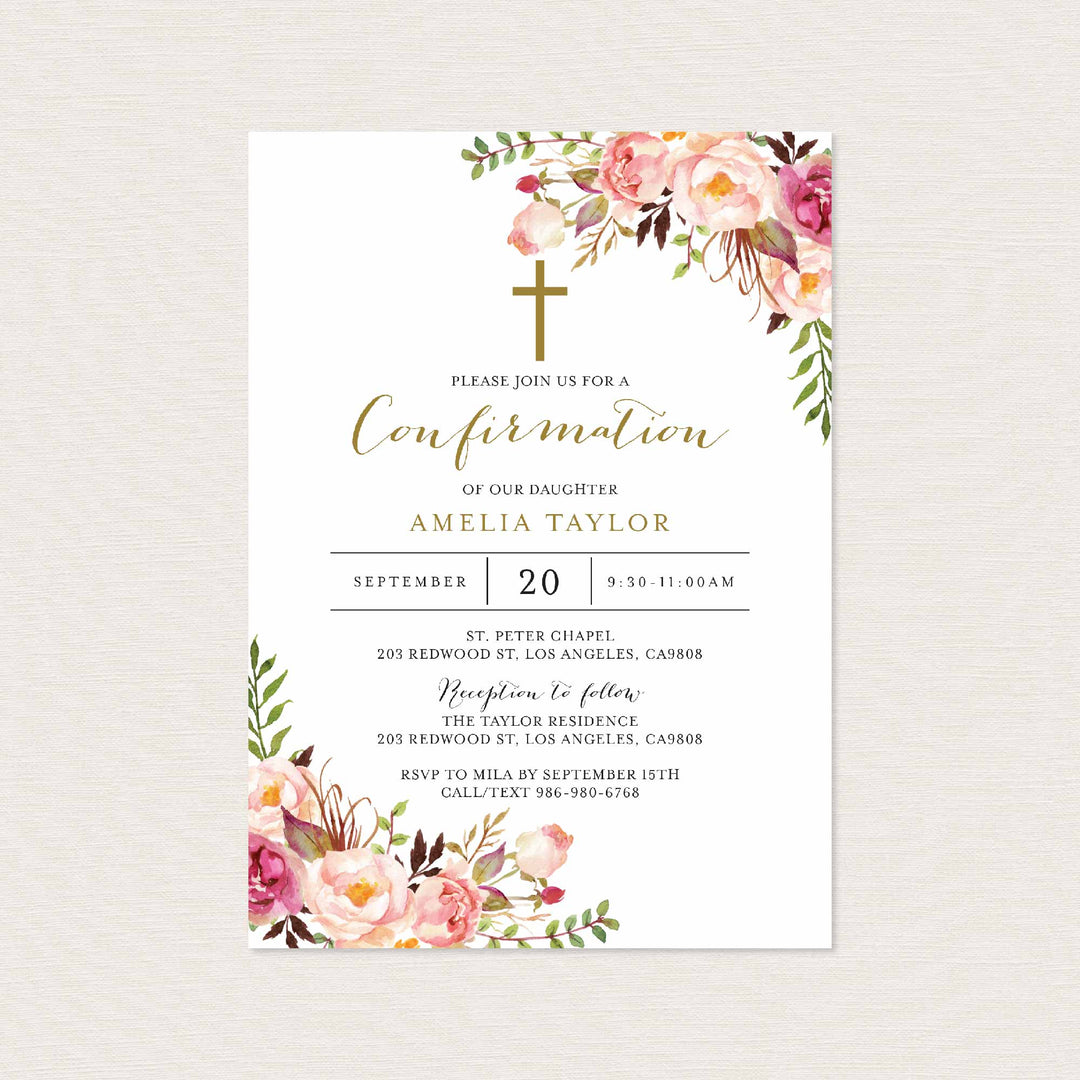 Pink Floral Confirmation Invitation Printable