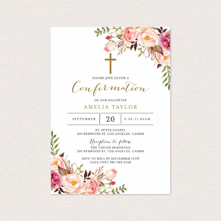 Pink Floral Confirmation Invitation Printable