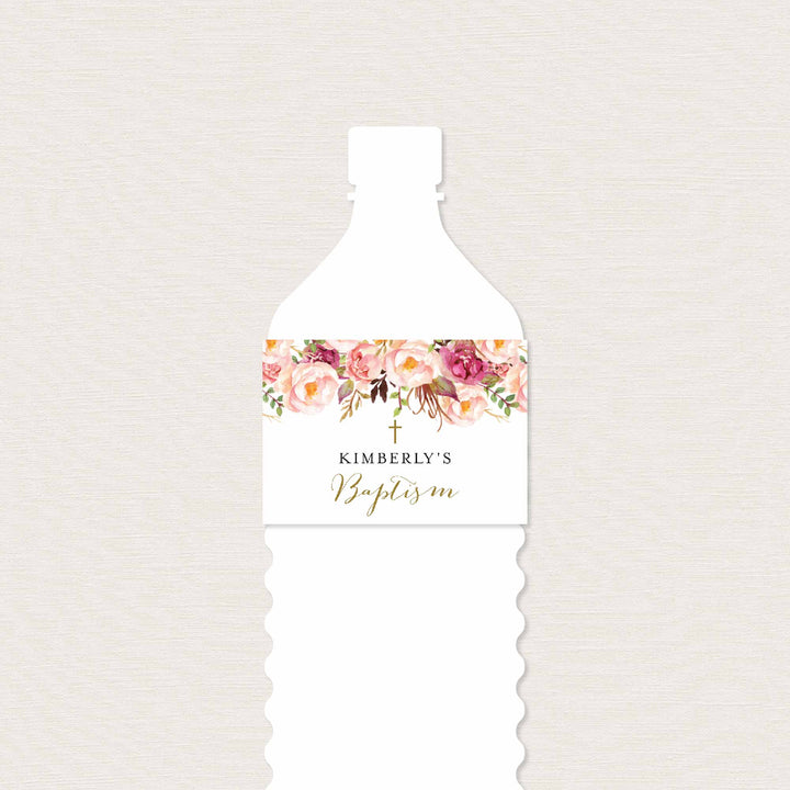 Pink Floral Baptism Water Bottle Label Printable