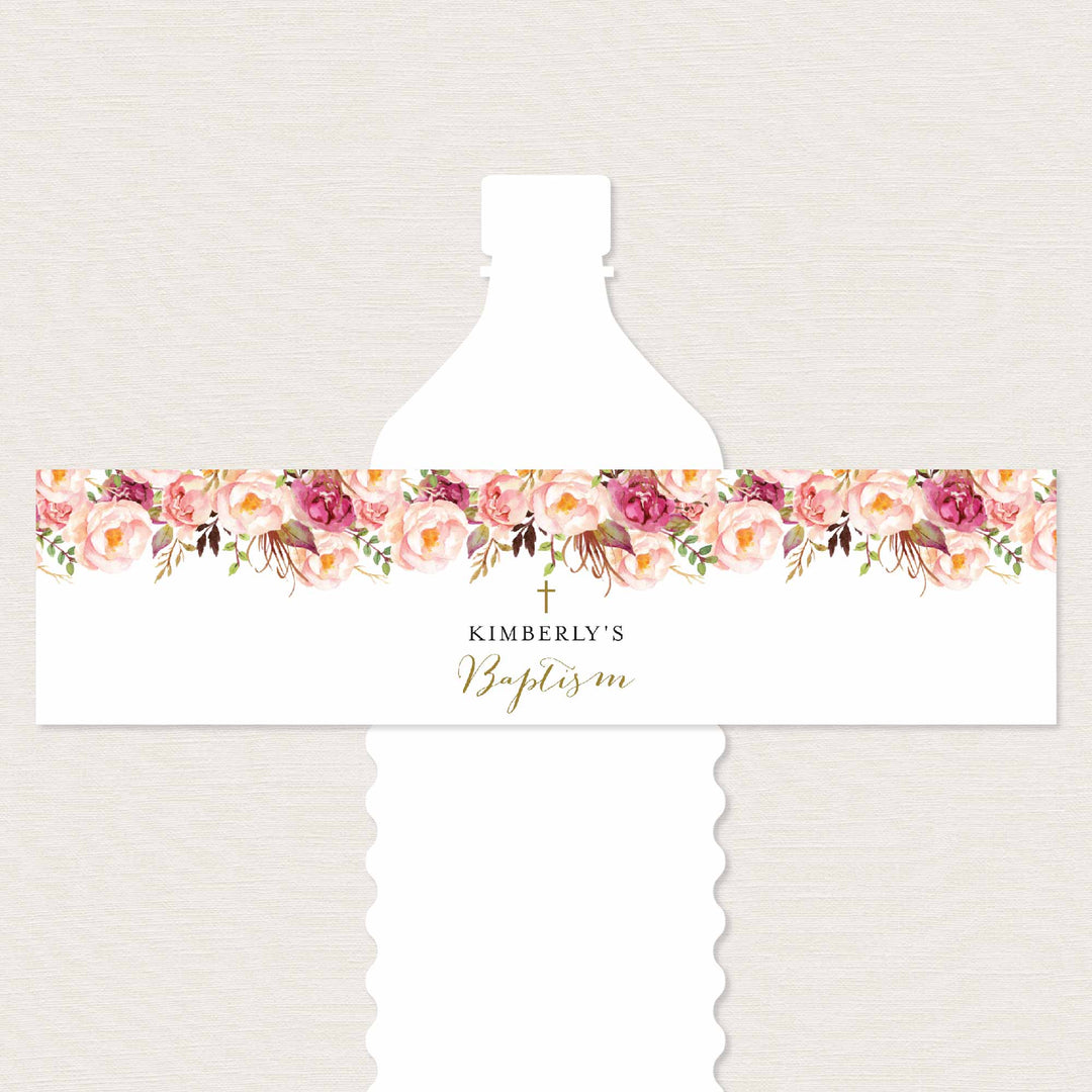 Pink Floral Baptism Water Bottle Label Printable