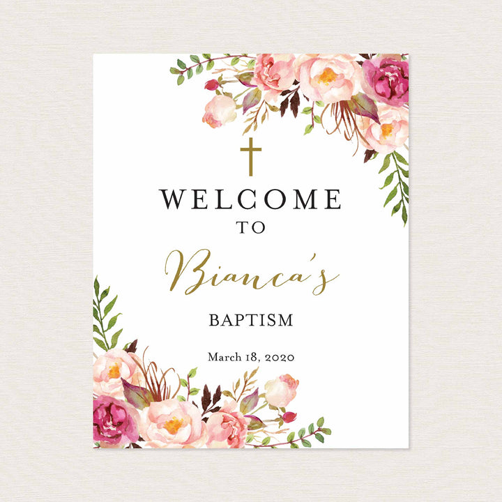 Pink Floral Baptism Welcome Sign Printable