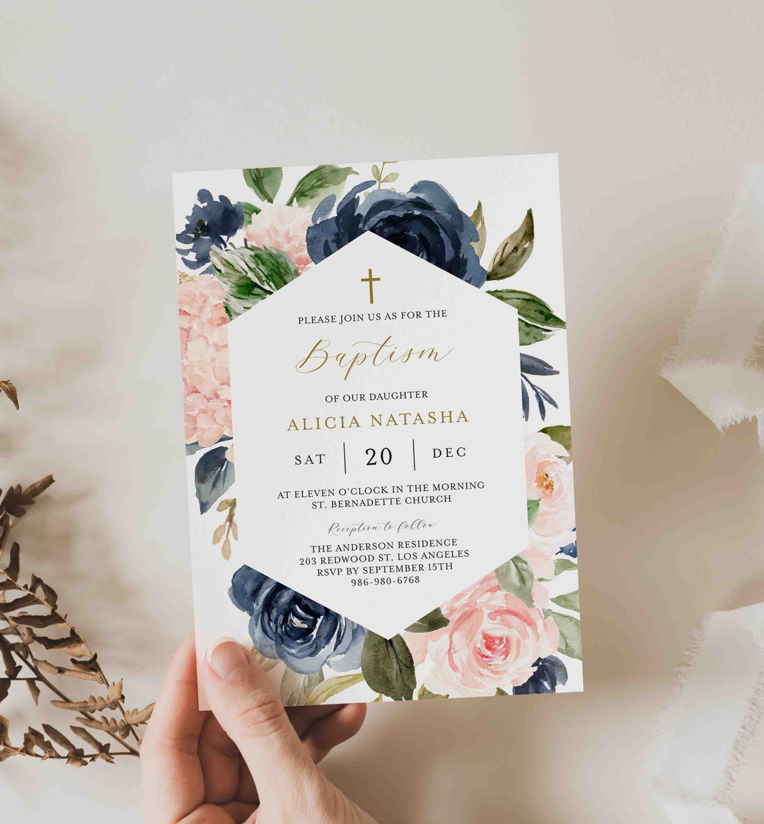 Navy Blush Baptism Invitation Printable