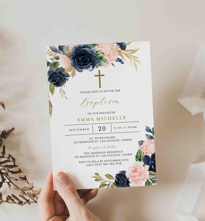 Navy Blush Baptism Invitation Printable