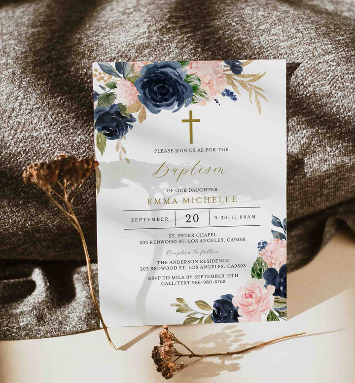 Navy Blush Baptism Invitation Printable