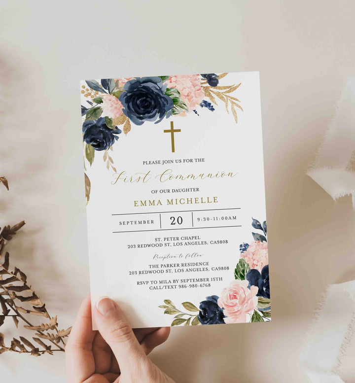 Navy Blush First Communion Invitation Printable