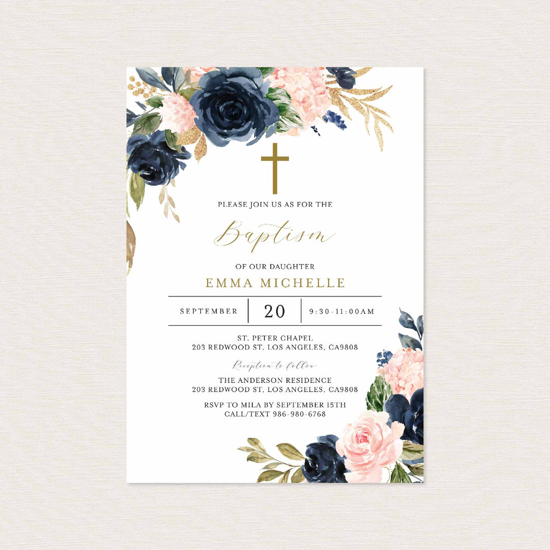 Navy Blush Baptism Invitation Printable