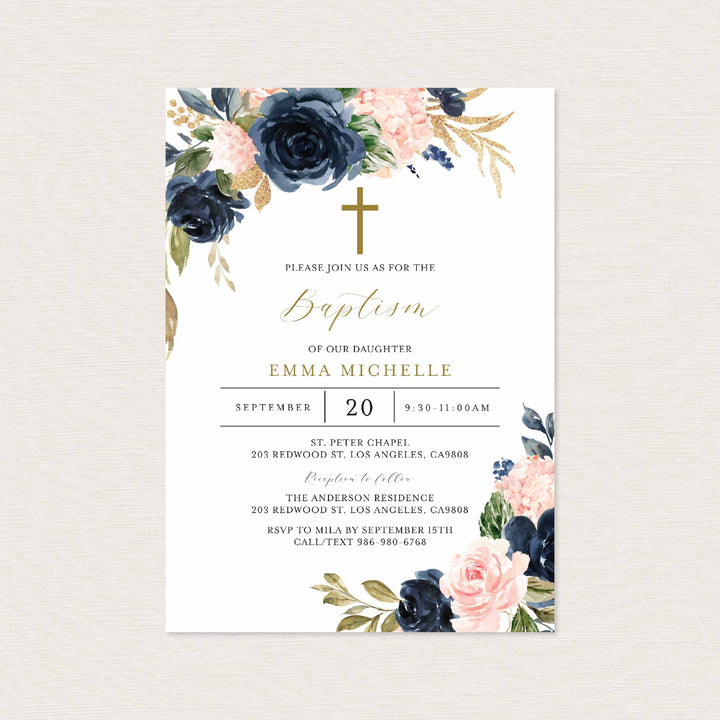 Navy Blush Baptism Invitation Printable