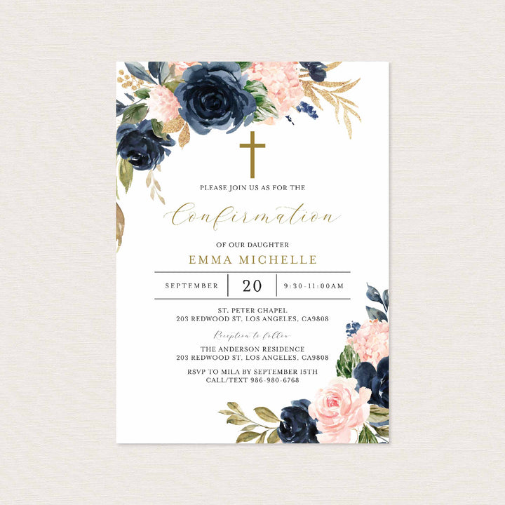 Navy Blush Confirmation Invitation Printable