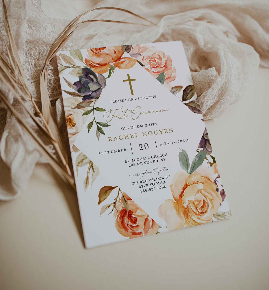 Autumn Garden First Communion Invitation Printable