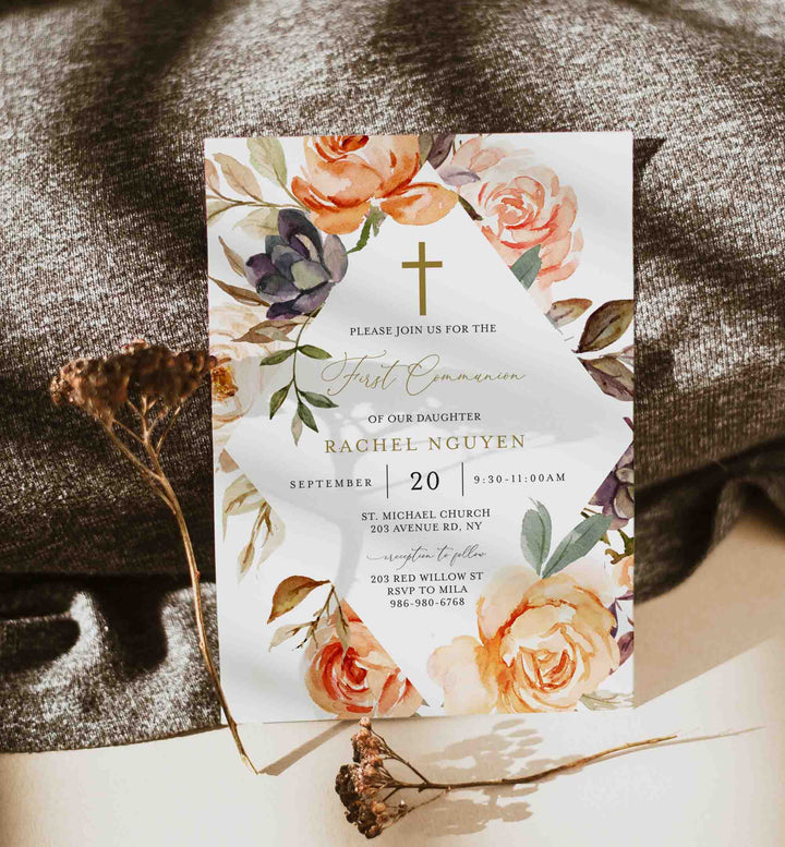 Autumn Garden First Communion Invitation Printable