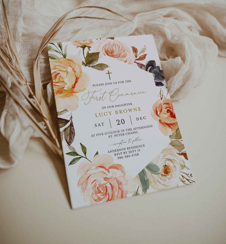 Autumn Garden First Communion Invitation Printable