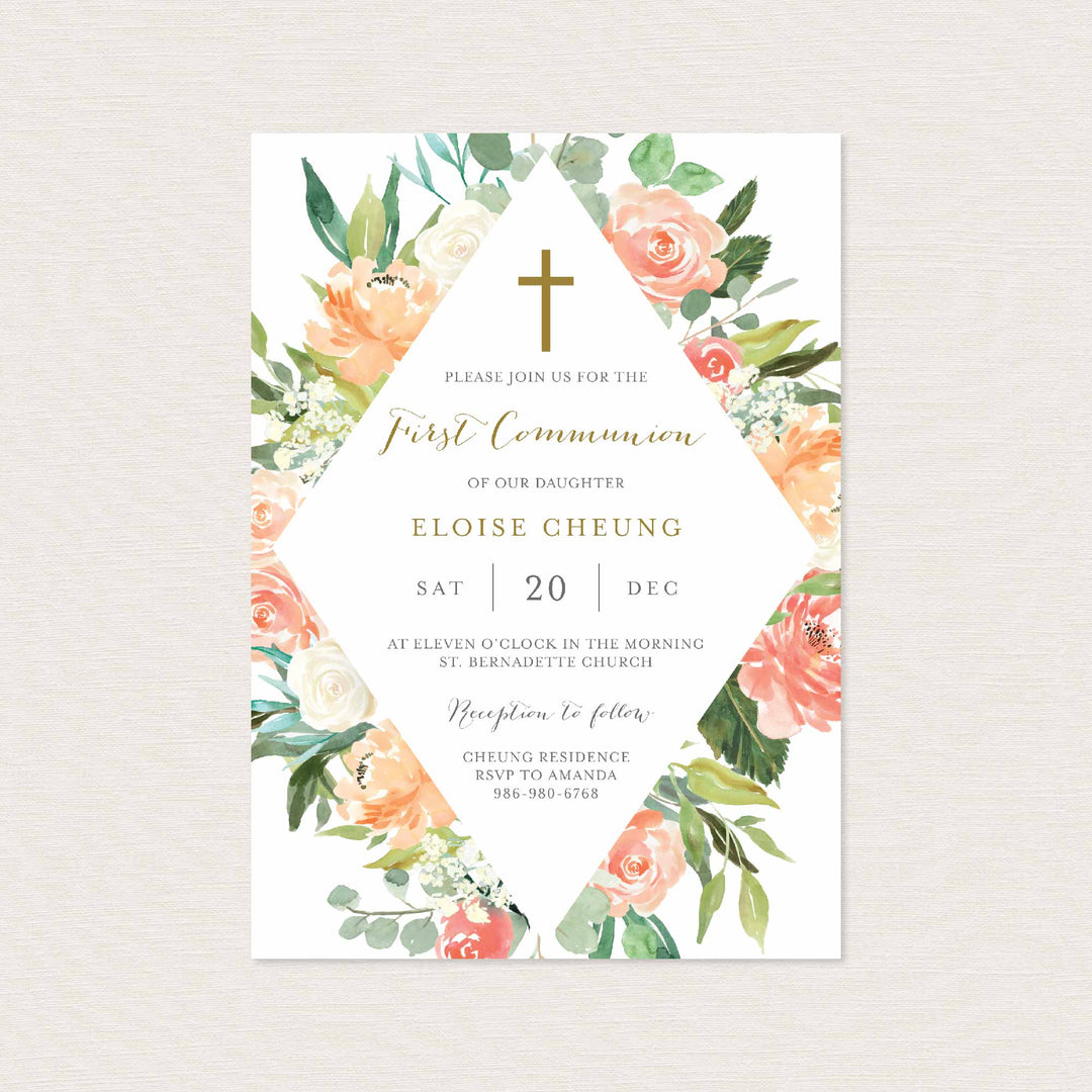 Peach and Cream First Communion Invitation Printable