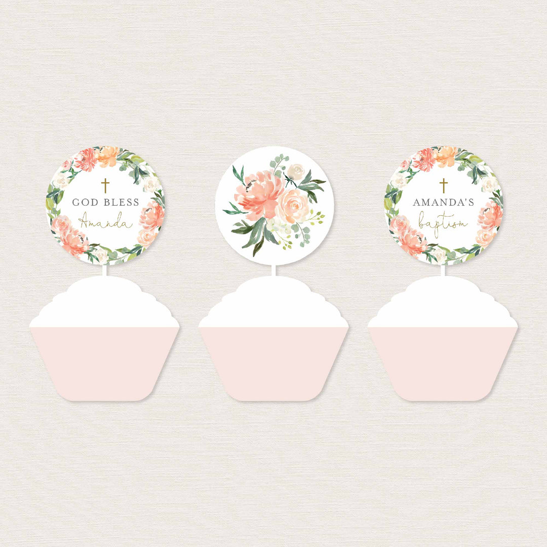 Peach and Cream Baptism Cupcake Toppers and Cupcake Wrappers Printable