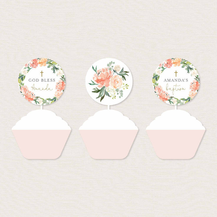 Peach and Cream Baptism Cupcake Toppers and Cupcake Wrappers Printable