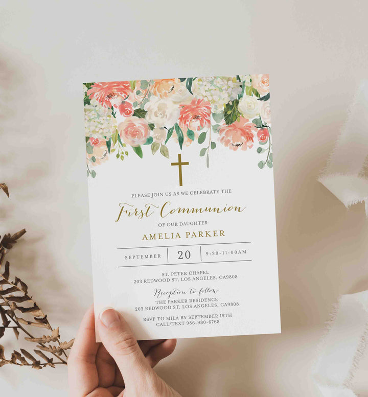 Peach and Cream First Communion Invitation Printable