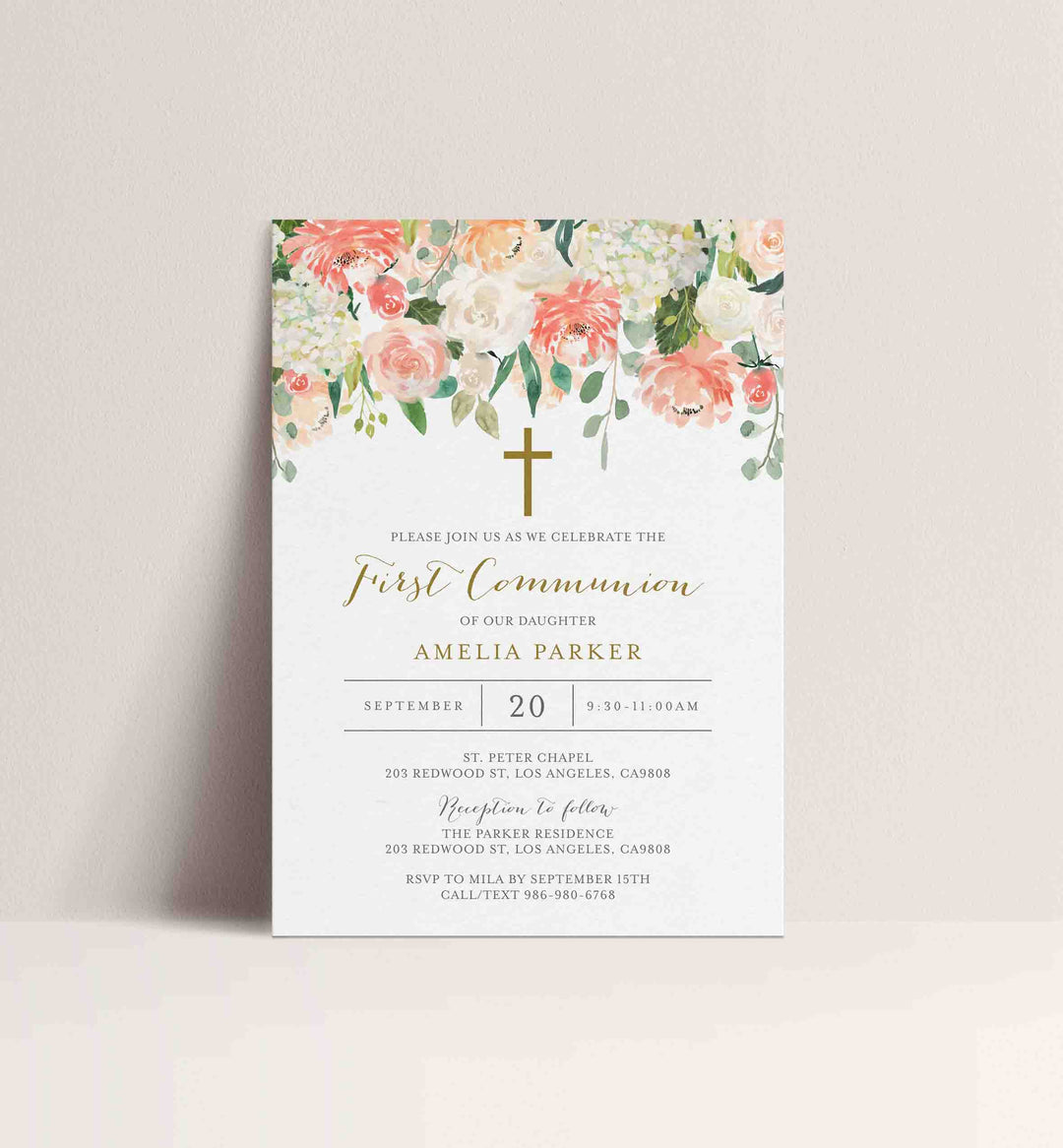 Peach and Cream First Communion Invitation Printable