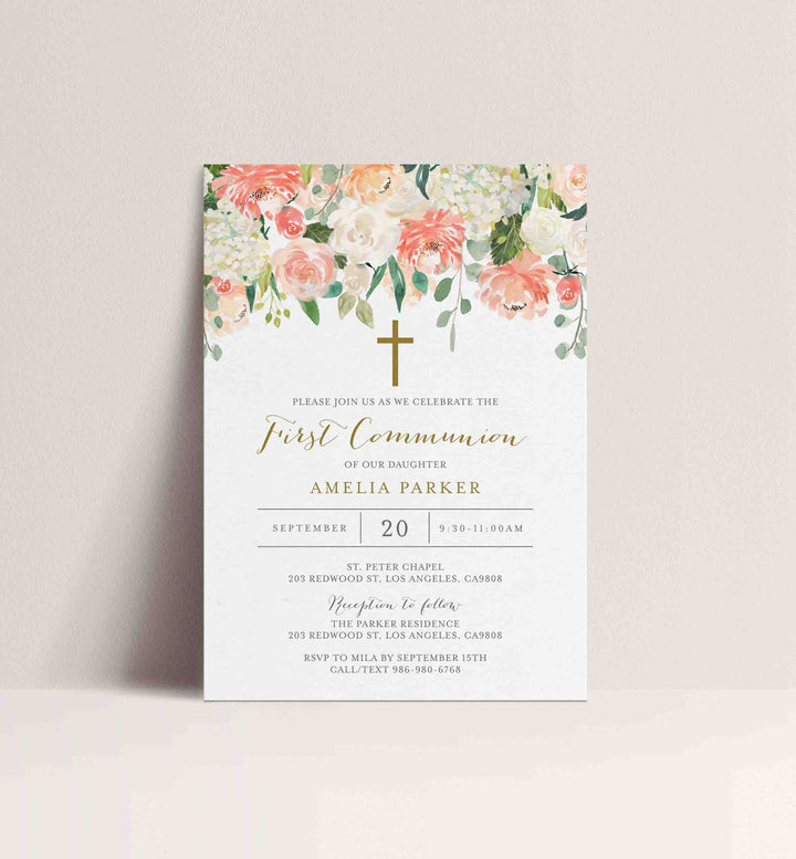 Peach and Cream First Communion Invitation Printable