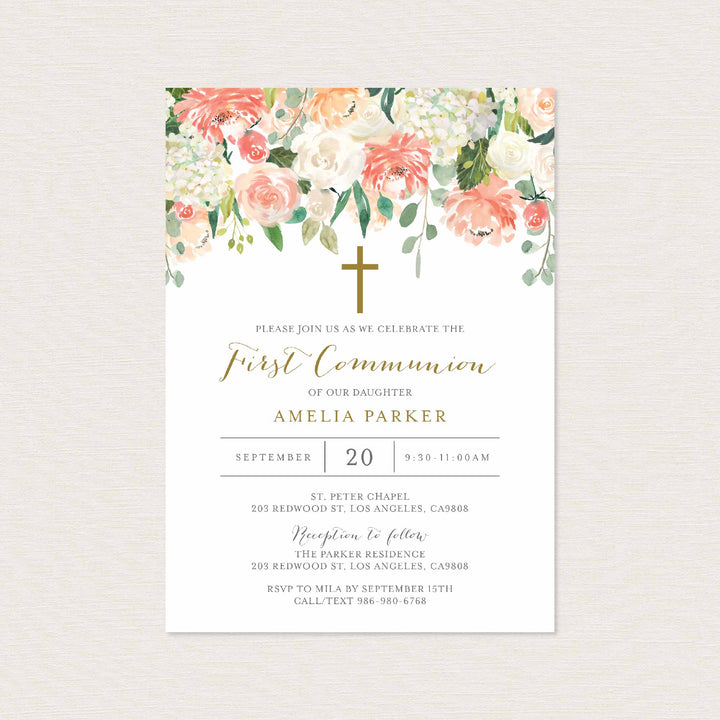 Peach and Cream First Communion Invitation Printable