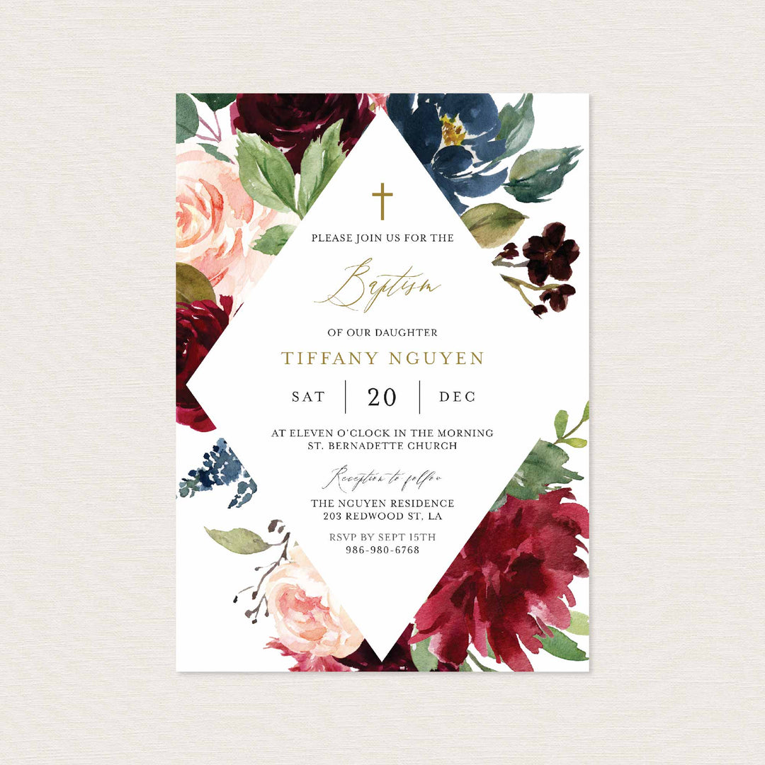 Burgundy Navy Baptism Invitation Printable