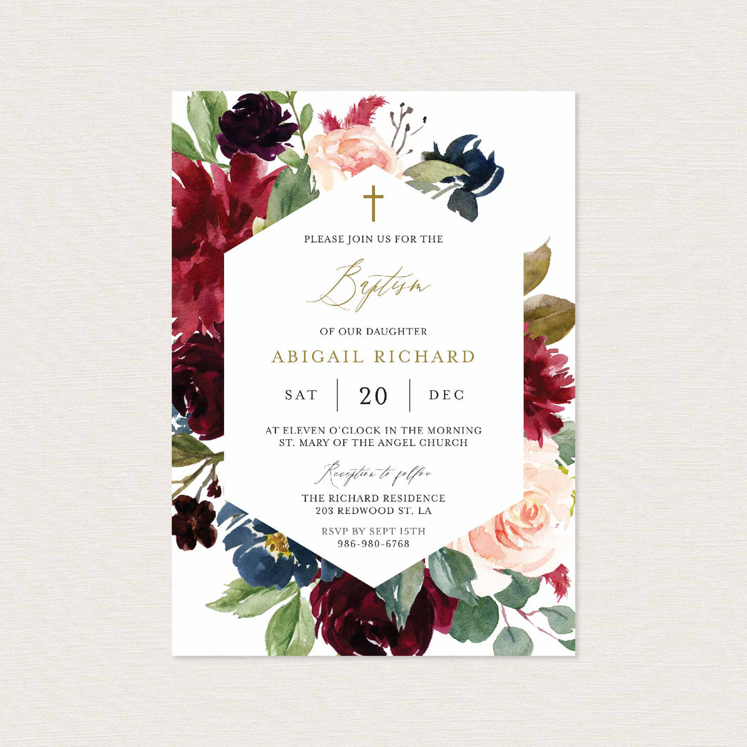 Burgundy Navy Baptism Invitation Printable